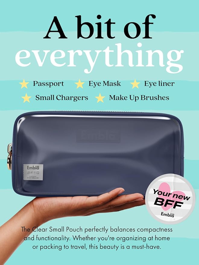 Embla Clear Cosmetic Bag Makeup Case, Clear Zipper Make Up Pouch and Toiletry Travel Tote, Cute Skincare Pouches for Women Girls, Preppy Purse Cosmetic Organizer, Small Makeup Bags, Sapphire