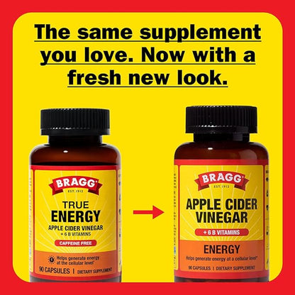 Bragg Energy Apple Cider Vinegar Capsules with B Vitamins - 90 Capsules - Helps Generate Energy at Cellular Level