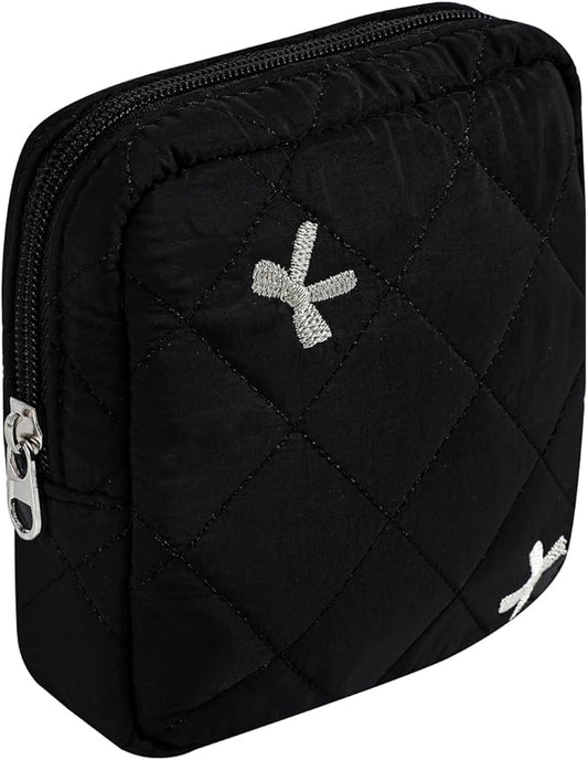 Small Quilted Cotton Makeup Bag for Purse, Cosmetic Bag with Compartments, Cotton Aesthetic Makeup Bag, Travel Toiletry Pouch, Key Pocket Lipstick Bag Card Holder Data Cable Organizer（05Black Bow）