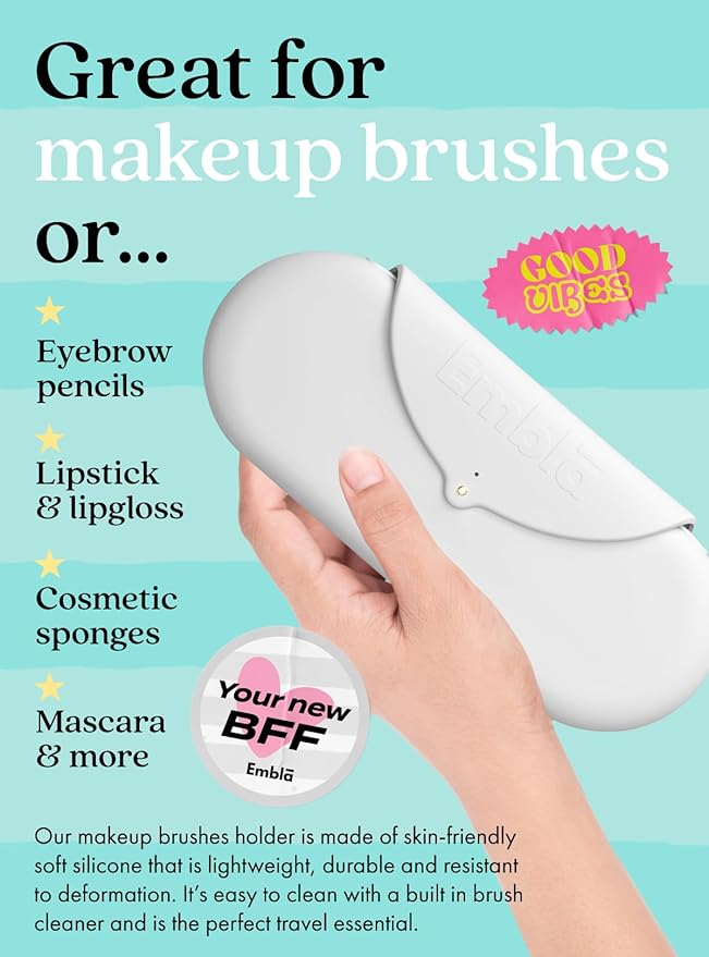 Embla Makeup Brush Holder Travel Cosmetic Case Pouch, Soft Silicone Cosmetic Bag Make Up Brushes Holder with Secure Snap Closure, Travel Makeup Brush Case, White