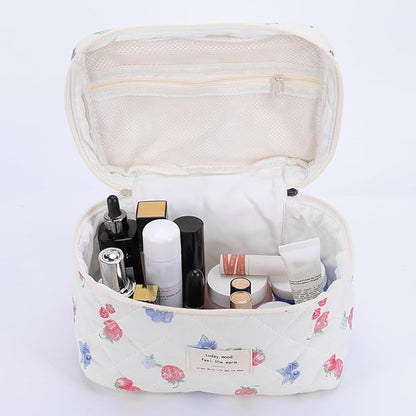 Quilted Makeup Bag Set 3 Pcs Cotton Cute Makeup Bags For Women Large Aesthetic Floral Cosmetic Bag Coquette Flower Makeup Pouch