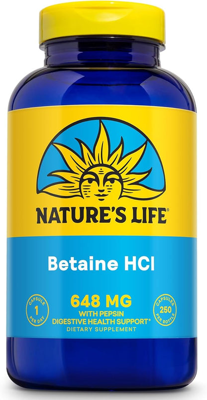 NATURE'S LIFE Betaine HCL with Pepsin - Digestive Health Formula with Digestive Enzymes for Gut Health Support - High Potency Hydrochloric Acid Supplement, 60-Day Guarantee, 250 Servings, 250 Capsules