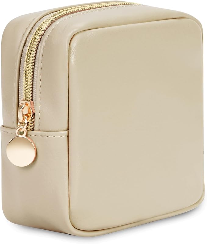 Wandering Nature Small Makeup Bag for Purse Mini Make up Pouch Cute Cosmetic Pouch for Women with Slip-in Pockets Matte Leather, Beige