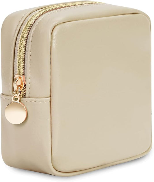 Wandering Nature Small Makeup Bag for Purse Mini Make up Pouch Cute Cosmetic Pouch for Women with Slip-in Pockets Matte Leather, Beige