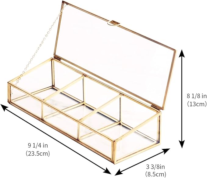 Golden Vintage Glass Lidded Box Clear Glass & Brass Metal Storage Jewelry and Cosmetic Makeup Organizer with Lid Beauty Display, Rectangle with 3 Compartment
