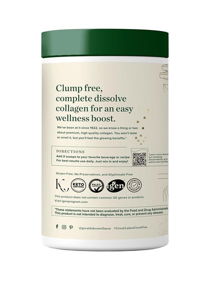 Great Lakes Wellness Collagen Peptides Powder for Skin, Hair, Nails, Joints & Digestion - Unflavored - Quick Dissolve Hydrolyzed, Non-GMO, Keto, Kosher - 10 oz - Packaging May Vary