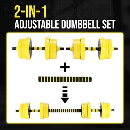 2-In-1 Adjustable Dumbbell Set, Dumbbell and Barbell Set, Yellow