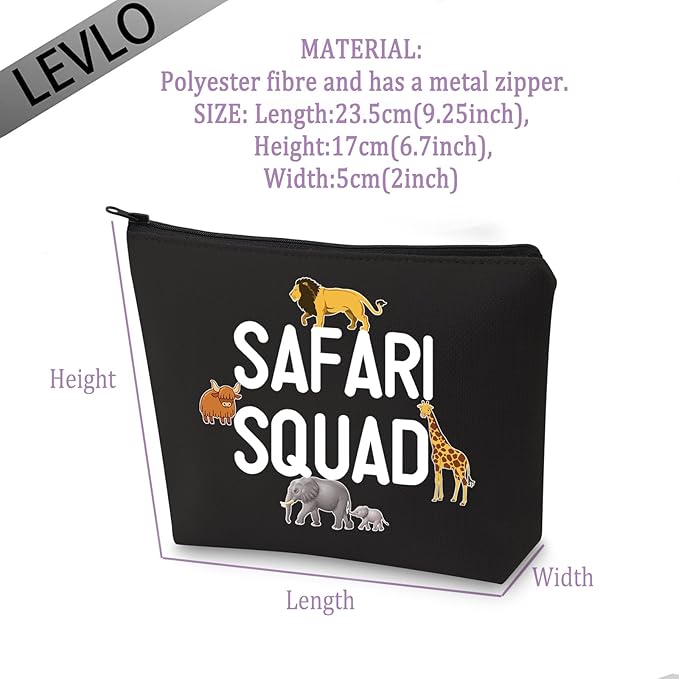 LEVLO Safari Squad Makeup Bag African Safari Trip Wild Animal Lover Travel Zipper Pouch (Safari Squad+black)
