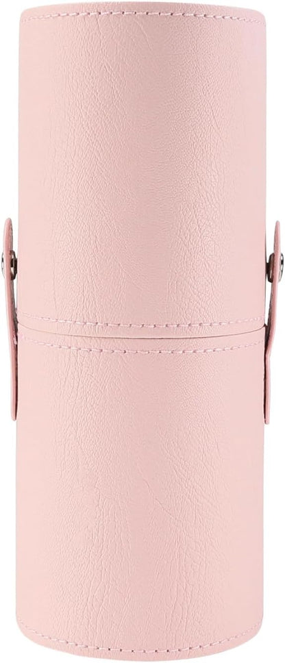 Portable Makeup Brush Case,Pu Leather Makeup Brush Holder with Button,Travel Cup Storage Dustproof Makeup Cosmetic Bags for Women (Pink)