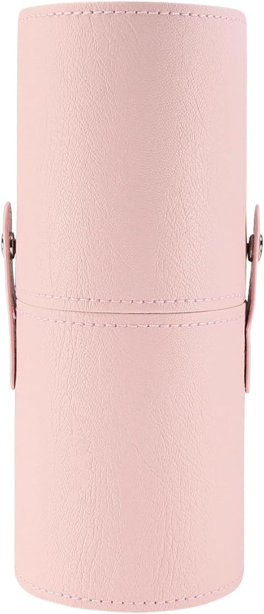 Portable Makeup Brush Case,Pu Leather Makeup Brush Holder with Button,Travel Cup Storage Dustproof Makeup Cosmetic Bags for Women (Pink)