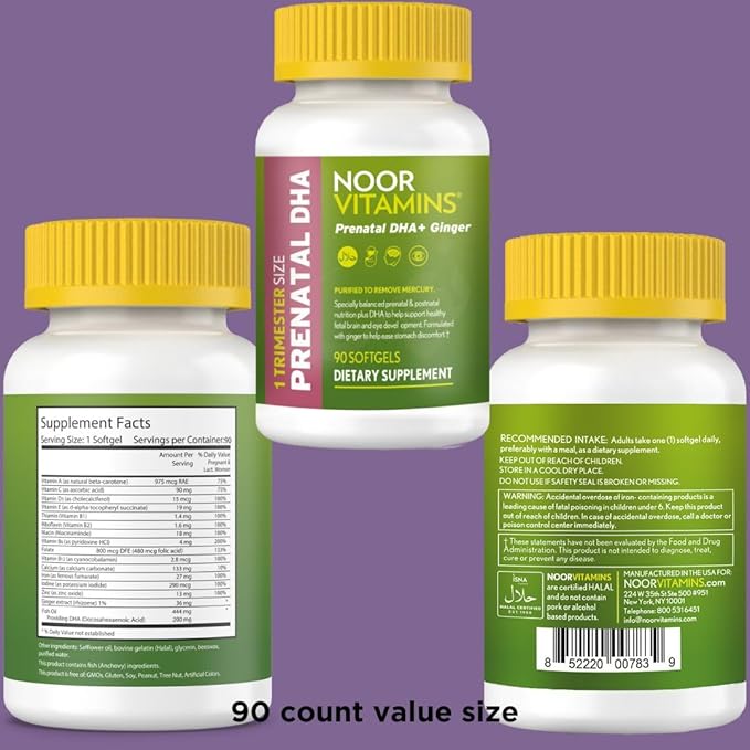Noor Vitamins Halal Prenatal Vitamins with DHA and Folic Acid, Essential Vitamins, Ginger to Soothe Mom's Stomach, Iron, Softgels, Prenatal Vitamin Before/During/Post Pregnancy (3 Months Supply)
