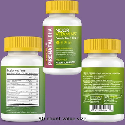 Noor Vitamins Halal Prenatal Vitamins with DHA and Folic Acid, Essential Vitamins, Ginger to Soothe Mom's Stomach, Iron, Softgels, Prenatal Vitamin Before/During/Post Pregnancy (3 Months Supply)