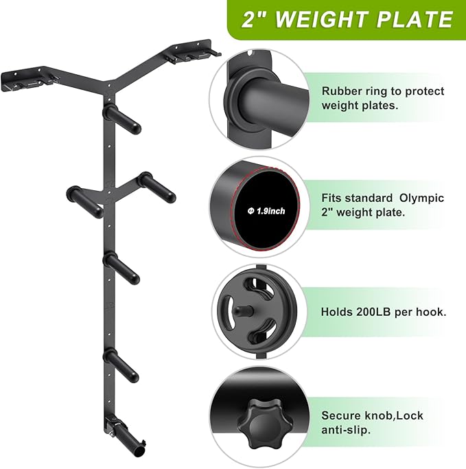 Wall Mounted Weight Plate Rack, Heavy Duty Olympic Barbell Holder & T Bar Row Landmine Attachment, 6 Hook Holes, 5 Pegs & 4 Barbell Storage, Space-Saving Home Gym Organizer