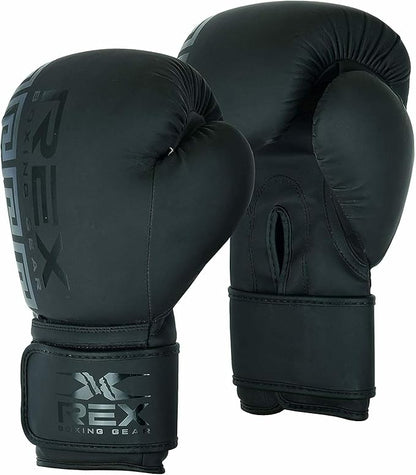 REX Boxing Gloves Training Boxing Punching Gloves for Kids & Adult PU Leather | Matte Black Glove for Sparring Kickboxing, Fighting