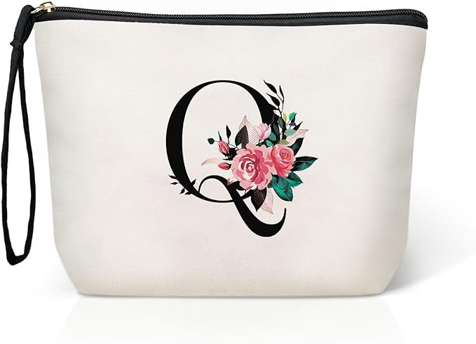 TOPEAST Valentines Day Gifts for Her - Personalized Cute Initial Makeup Bag with Zipper Cosmetic Large Toiletry Makeup Pouch, Gifts for Wedding Bride Bridemaids Friend (Letter Q)