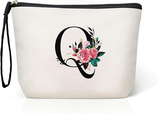 TOPEAST Valentines Day Gifts for Her - Personalized Cute Initial Makeup Bag with Zipper Cosmetic Large Toiletry Makeup Pouch, Gifts for Wedding Bride Bridemaids Friend (Letter Q)