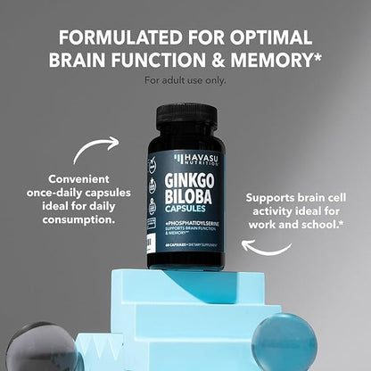Ginkgo Biloba 120mg - Nootropic that Supports Brain Health, Mental Alertness, Memory & Focus - Energy and Focus Supplement With Ginkgo Biloba Extract and Phosphatidylserine - 60 Non-GMO Capsules