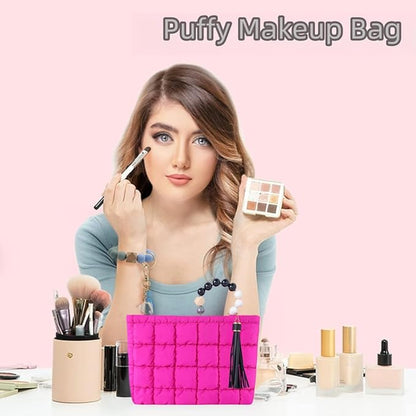 Puffy Makeup Bag Quilted Pouch Puffer Make Up Bag for Purse Cosmetic Bag for Women (Hot Pink)