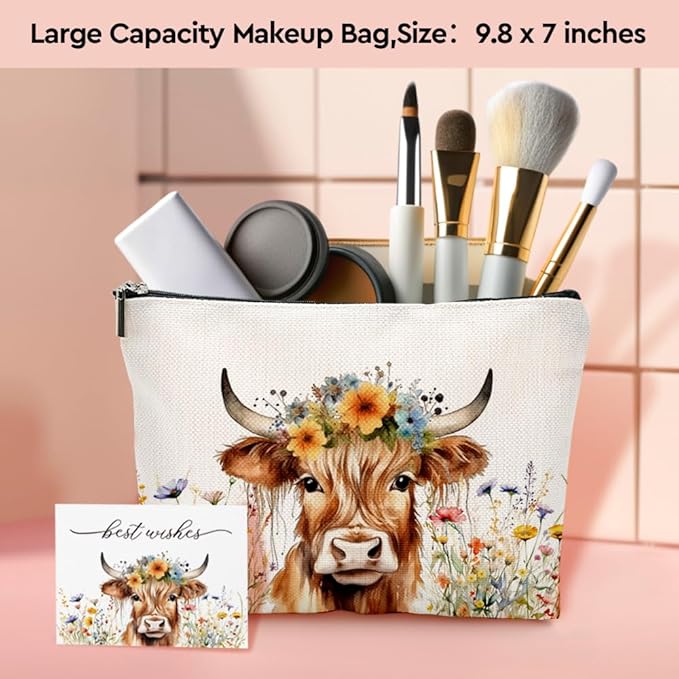 Highland Cow Makeup Bag Set for Women - Wristlet, Keychain, Greeting Card - Animal Lovers Christmas Gifts for Mom, Friend, Grandmother