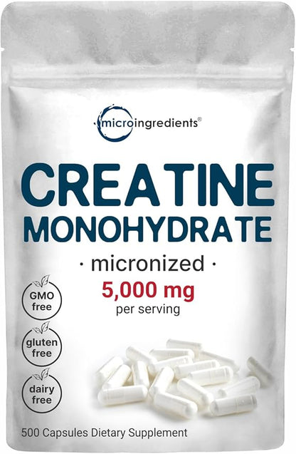 Creatine Monohydrate 5,000mg, 500 Capsules | Pure Creatine Pills – Micronized + Unflavored Powder Source, Easy Absorption | Pre Workout & Muscle Health Support | Keto, Non-GMO
