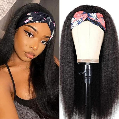 Headband Wigs Human Hair 180% Density 12A Kinky Straight Human Hair Headband Wigs For Black Women Yaki Straight Human Hair Wigs With Headband Attached Half Wig Natural Black Color 18 Inch