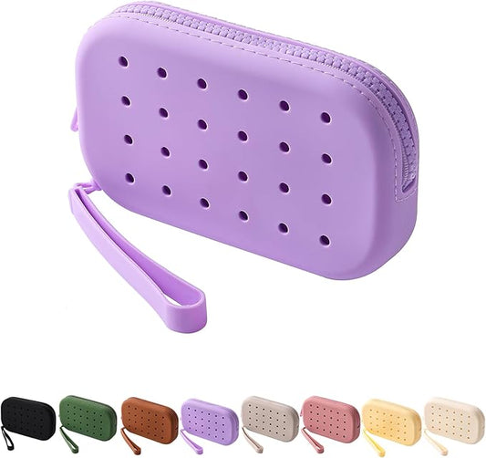 Portable Silicone Makeup Bag for Women, Small Travel Toiletry Cosmetic Bag with Decorative Holes, Zipper Closure Organizer Makeup Case with Handle (Purple)