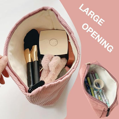 FITINI 2 Pcs Makeup Bag Large Corduroy Cosmetic Bags Portable Travel Toiletry Case Organizer Cute Small Brushes Storage Pouch with Zipper for Women Purse,Pink