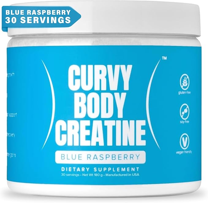 Curvy Body Creatine Monohydrate Powder | Workout Support | Vegan | Kosher | Blue Raspberry Flavor 180 Grams (30 Servings)