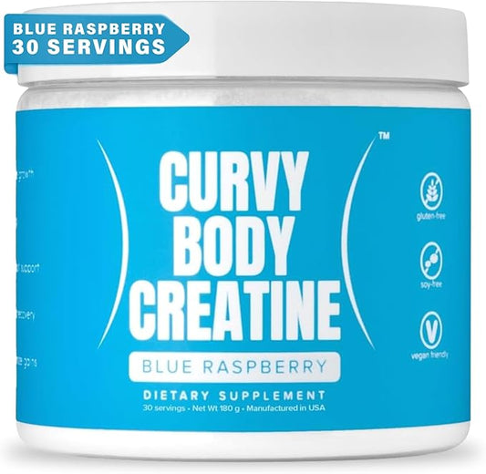 Curvy Body Creatine Monohydrate Powder | Workout Support | Vegan | Kosher | Blue Raspberry Flavor 180 Grams (30 Servings)