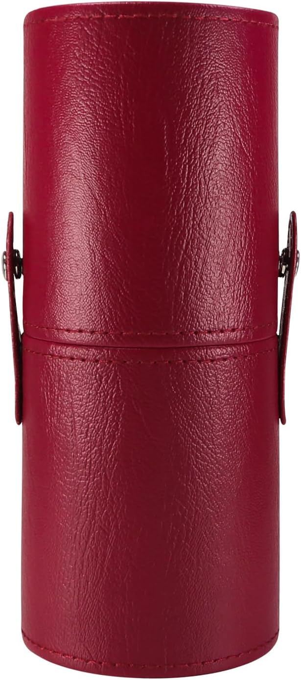 Portable Makeup Brush Case,Pu Leather Makeup Brush Holder with Button,Travel Cup Storage Dustproof Makeup Cosmetic Bags for Women (Red)