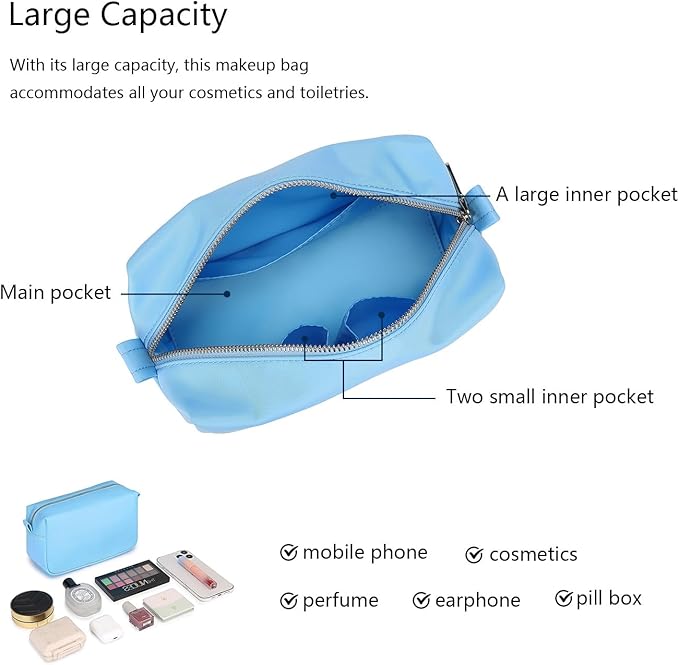 Organizer Bag Lightweight Cosmetic Bag with Ring Clasp Perfect Travel Makeup Bag for Women nylon Stand Up Design (Sky Blue/Nylon)