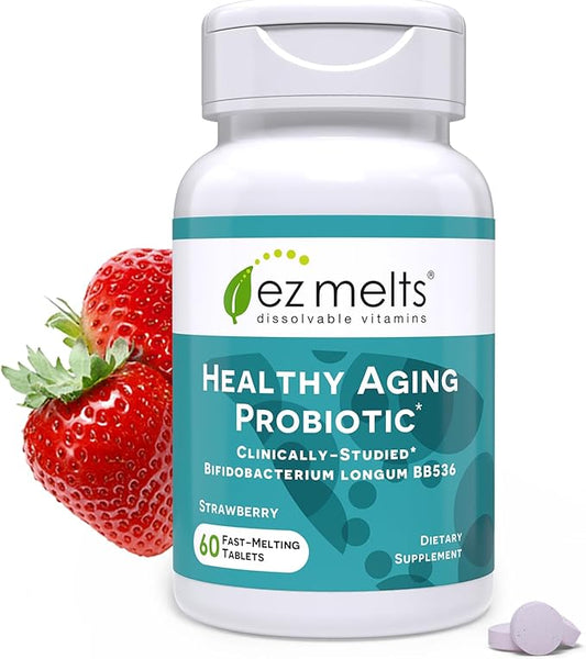 EZ Melts Dissolvable Healthy Aging Probiotic, Bifidobacterium Longum BB536 (2 Billion CFU), Sugar-Free, Probiotics for Women & Men 50+, 2-Month Supply