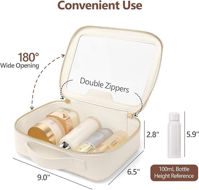 PACKISM Large Clear Makeup Bag - Pebbled Texture & Hard PU Leather Car Bag Organizer for Car Essentials, with Message Card Travel Cosmetic Bag for Women Gift (Cream Large)