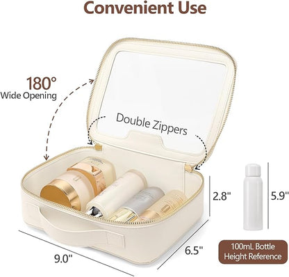 PACKISM Large Clear Makeup Bag - Pebbled Texture & Hard PU Leather Car Bag Organizer for Car Essentials, with Message Card Travel Cosmetic Bag for Women Gift (Cream Large)