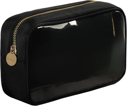 Slim Transparent Makeup Pouch Women Travel Clear TPU and Nylon Cosmetic Pouch (Medium, Black)