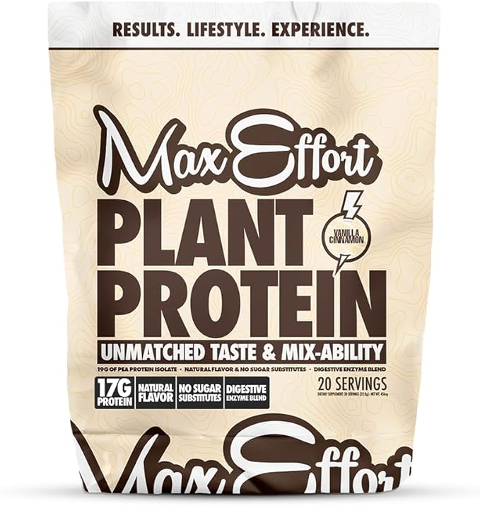 MAX EFFORT Plant Protein Powder, 17 G Pea Protein, Plant Based, Gluten Free, Low Carb, Protein Shake or Smoothie Mix, Meal Replacement, No Whey, No Sugar Substitutes, Vanilla Cinnamon, 20 Srvg