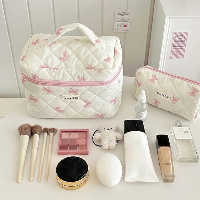 Quilted Makeup Bag Set 3 Pcs Cotton Cute Makeup Bags For Women Large Aesthetic Floral Cosmetic Bag Coquette Flower Makeup Pouch