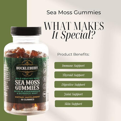 Wild Crafted Irish Sea Moss Gummies with Bladderwrack & Burdock Root - Chewable Natural Multivitamin Vegan Gummies for Immune, Thyroid, Digestive, and Gut Support - 60 Gummies
