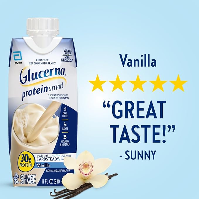 Glucerna Protein Smart Shake, Diabetic Drink to Support Blood Sugar Management, 30g Protein, 150 Calories, Vanilla, 11-fl-oz Bottle, 12 Count