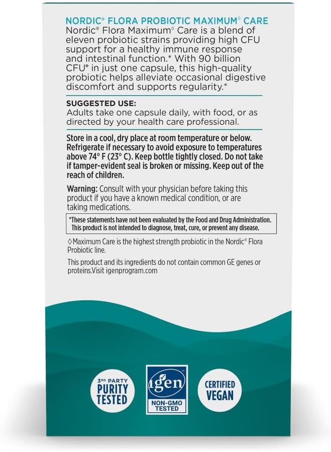 Nordic Naturals Nordic Flora Probiotic Maximum Care, 30 Capsules, 11 Probiotic Strains for Daily Immune and Digestive Health Support, Vegan, 30 Servings