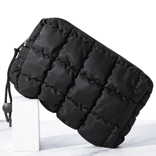 Hillban Puffy Quilted Makeup Bag Quilted Cosmetic Bag Cute Puffer Toiletry Checkered Pouch Aesthetic Travel Makeup Brushes Organizer(Black,Checkered)