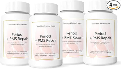 Nourished Period + PMS Repair - Menstrual Cycle Support Supplement for Women - Vegan Formula for Monthly Cycles, Cramping, Mood, Headaches - 4 Bottles