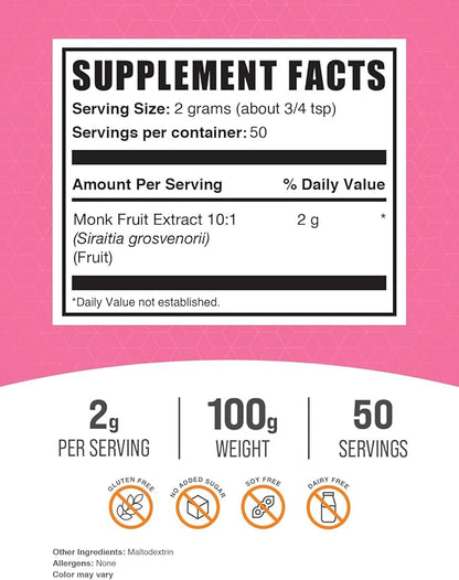 BulkSupplements.com Monk Fruit Extract Powder - Luo Han Guo Monk Fruit, Monk Fruit without Erythritol, Monk Fruit Powder - Pure Monk Fruit, Gluten Free, 2g per Serving, 100g (3.5 oz)