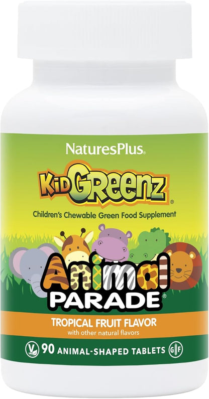 Natures Plus Animal Parade KidGreenz, Tropical Fruit Flavor - 90 Animal-Shaped, Chewable Tablets - Vegetarian, Gluten Free - 90 Servings