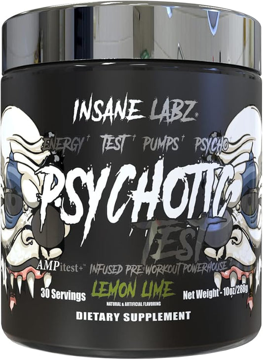 Insane Labz Psychotic Test, High Stim Testosterone Energy and Pump Boosting Pre-Workout Powder with DMAE Bitartrate, D Aspartic Acid, Creatine HCL and Glycerol Monostearate, 30 Servings, Lemon Lime