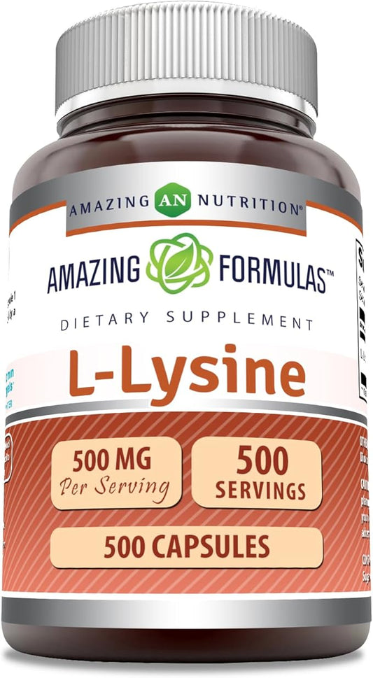 Amazing Formulas L-Lysine 500 mg Capsules Amino Acid Supplement | Non-GMO | Gluten Free | Made in USA (500 Count)