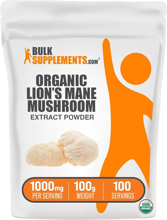 BulkSupplements.com Organic Lion's Mane Mushroom Extract Powder - Lions Mane Supplement Powder, Lion's Mane Extract - Mushroom Supplement, 1000mg per Serving, 100g (3.5 oz) (Pack of 1)