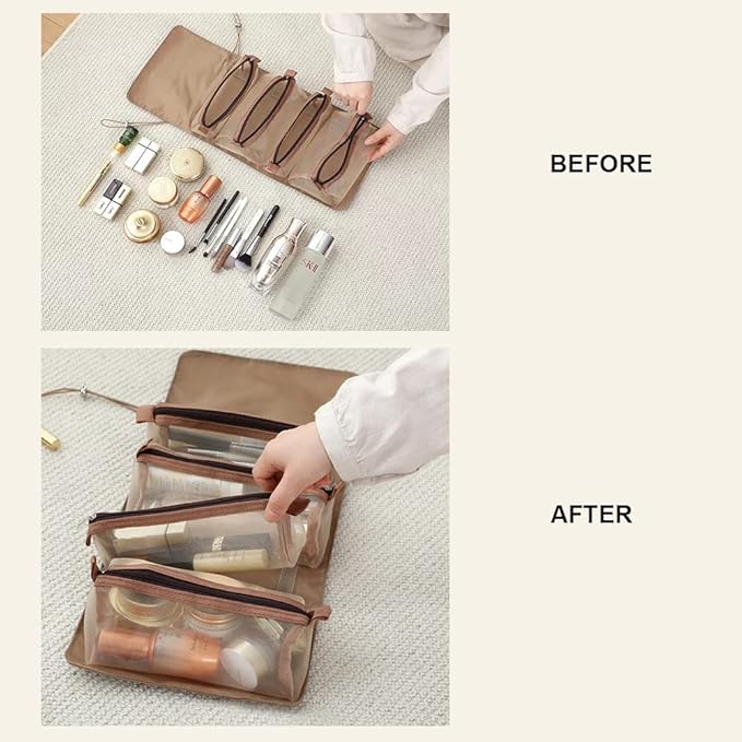 Roll Up Makeup Bag, Hanging Toiletry Bag, 4 in 1 Detachable Cosmetic Bag, 4 Removable Storage Bags, Travel Makeup Organizer Bags for Women Men(Khaki)