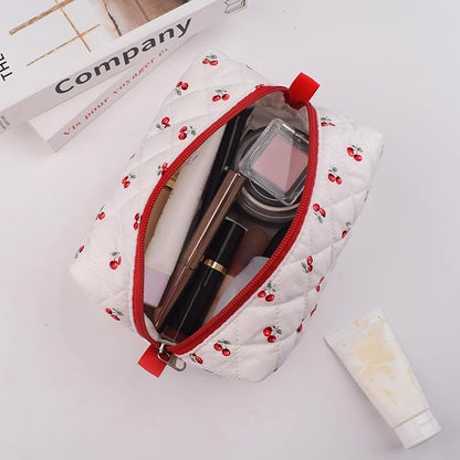 Quilted Makeup Bag,Small Travel Floral Cosmetic Bag Cute Pouch,Cotton Makeup Brushes Storage Bag for Women
