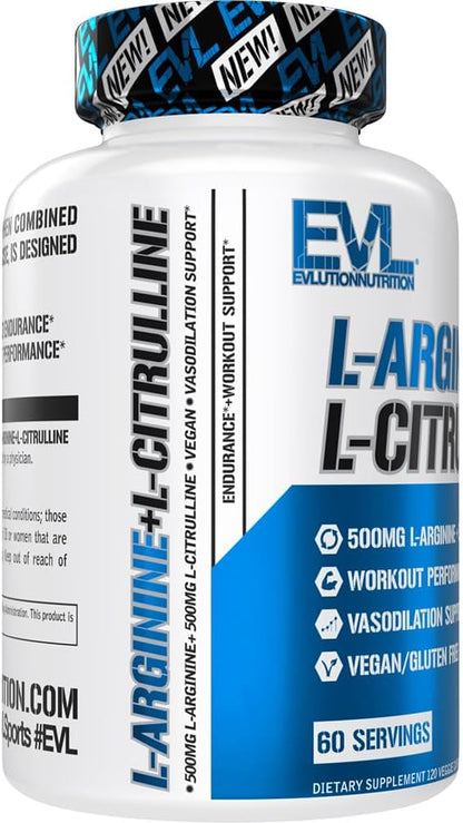 Evlution Nutrition L-Arginine + L-Citrulline - Endurance + Workout Performance Supplement - 1000mg Complex - Vasodilation + Nitric Oxide Support - Vegan + Gluten Free Capsules - 60 Servings
